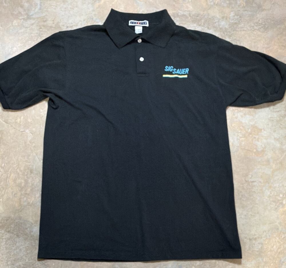 VTG Jerzees Men's L Black Short Sleeve Polo Button Embroidered SIG SAUER